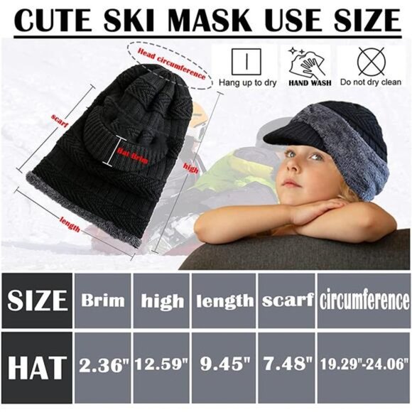 Kids Winter Knit Beanie Balaclava Hat Thermal Ski Mask Cap, Black - Picture 5 of 6
